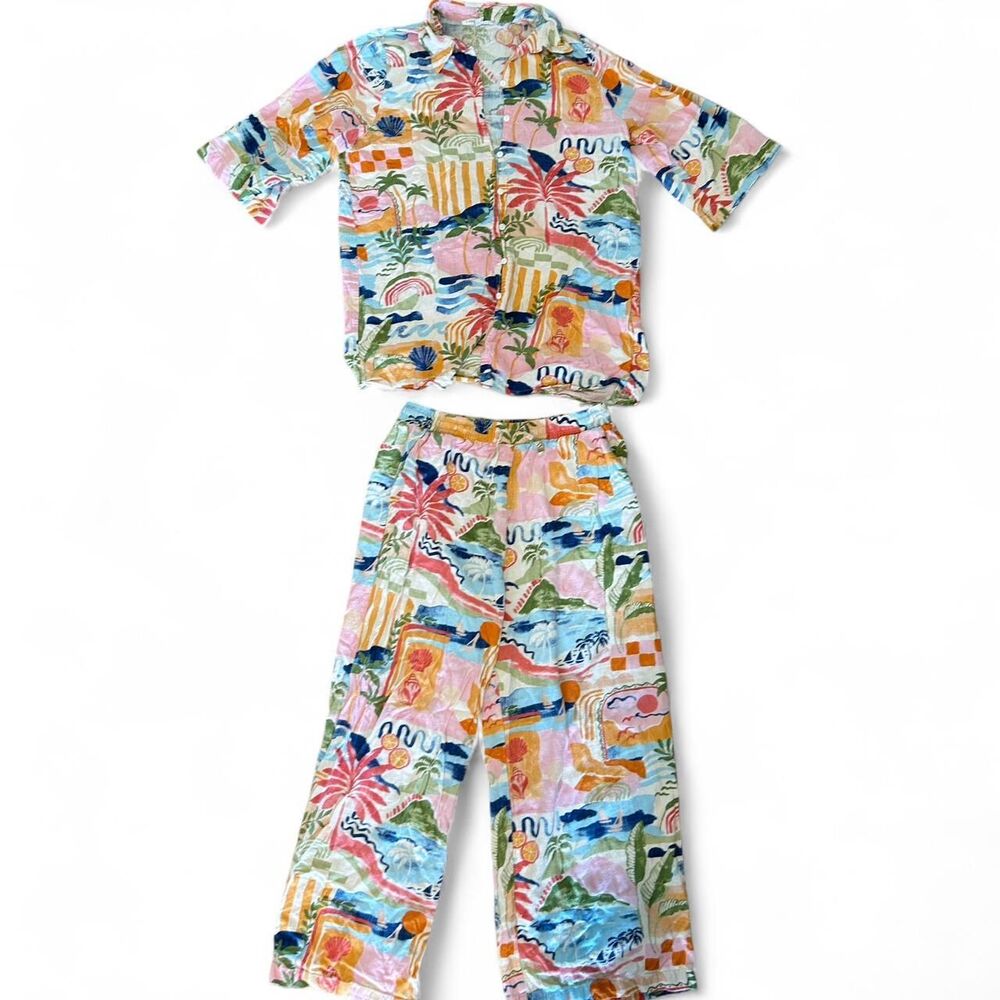 Label of Love multicoloured linen blend tropical print lounge set Size S/M